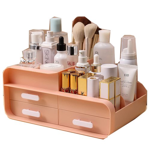POFUOT skin care organizer,Makeup Desk Organizer With Drawers,Countertop Organizer for Cosmetics,Vanity brush with Holder for Lipstick, Brushes, Eyeshadow, and Desktop (Light pink)