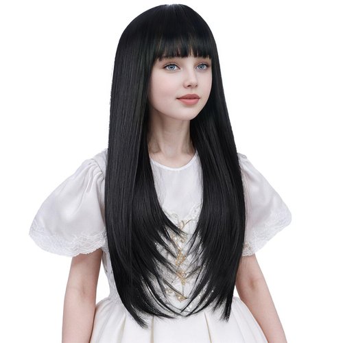 Ufindcos Black Wig with Bangs for Kids Long Black Wig Long Straight Child Wig Natural Black Wig for Girls 22 inches Synthetic Wig with Wig Cap