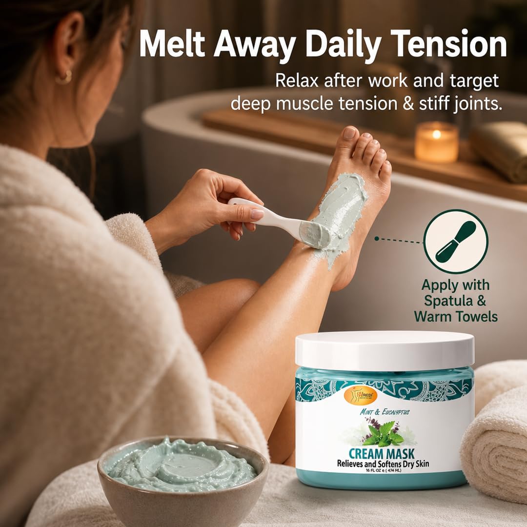 SPA REDI Foot & Body Cream Mask – Mint & Eucalyptus Cooling Treatment for Cracked Heels & Dry Skin | Hyaluronic Acid, Paraben-Free, Sulfate-Free | Professional Salon & At-Home Spa Use | 16 oz