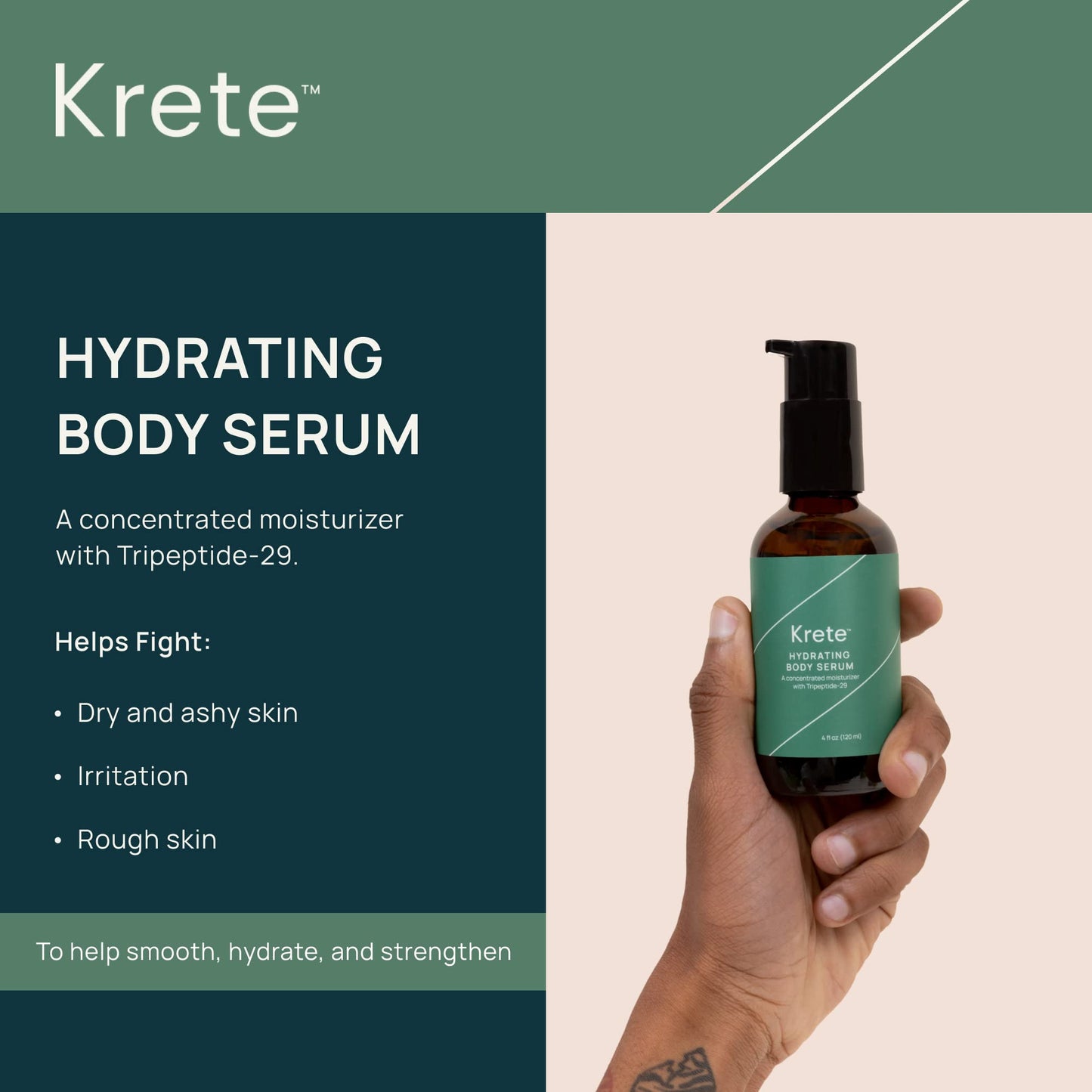 KRETE Hydrating Body Serum for Men - Moisturize, Smooth, Hydrate & Strengthen Your Skin In 30-Seconds, Oil-Free, All Skin Types, with Tripeptide-29 & Hyaluronic Acid