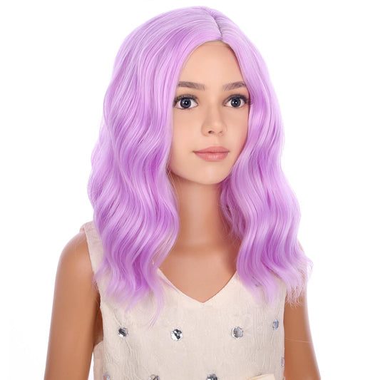 PATTNIUM Kids Child Short Purple Wig Lavender Purple Curly Wavy Wig Short Light Purple Wig Girls Synthetic Hair Wig with Wig Cap