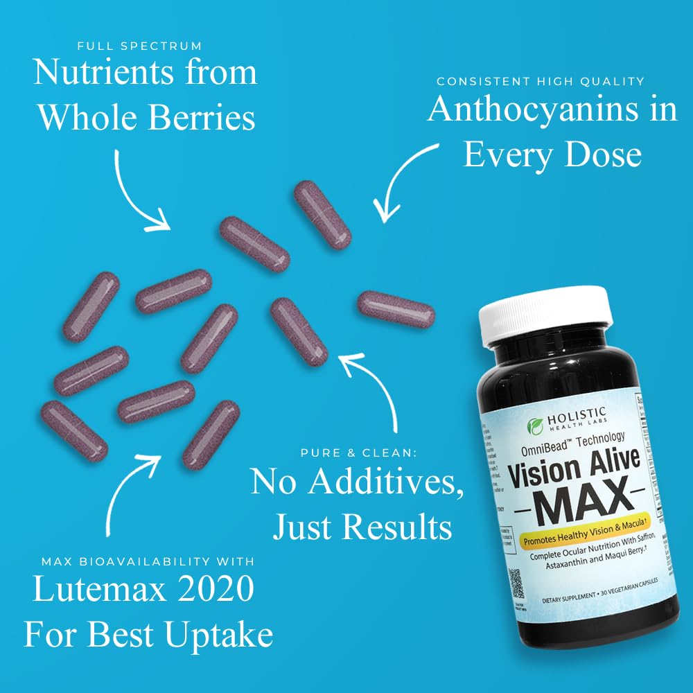 Holistic Health Labs Vision Alive Max with 8 Natural Ingredients Lutemax® 2020, Bilberries, Blueberries, c3g from Black Currant, Maqui Berry, Saffron, and Astaxanthin (30 Count (Pack of 1))