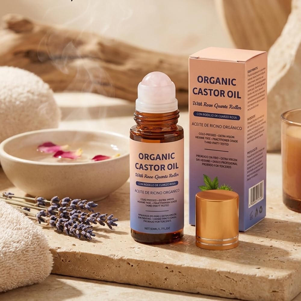 RAINPOT Organic Castor Oil Roll On with Rose Quartz Roller – 100% Cold Pressed Moisturizing Oil for Brows, Lashes, Face, Hairline & Dry Skin – Travel Friendly Leakproof Roller Bottle (1)