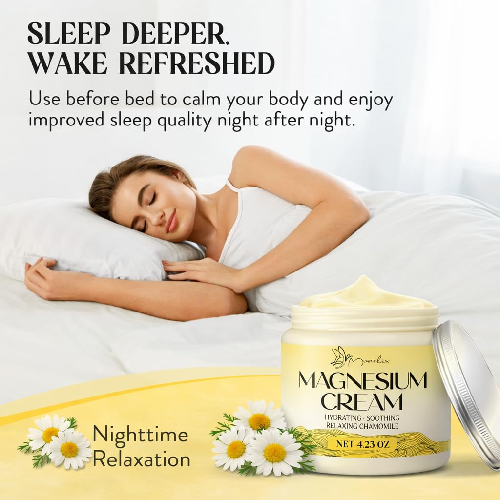 Manelix Magnesium Cream for Sleep - Topical Magnesium for Women, Muscle Relaxation, Calm, Moisturizing with Coconut Oil, Shea Butter & Hyaluronic Acid, 4.23 OZ, Safe for Kids (4.23 Ounce, Chamomile)
