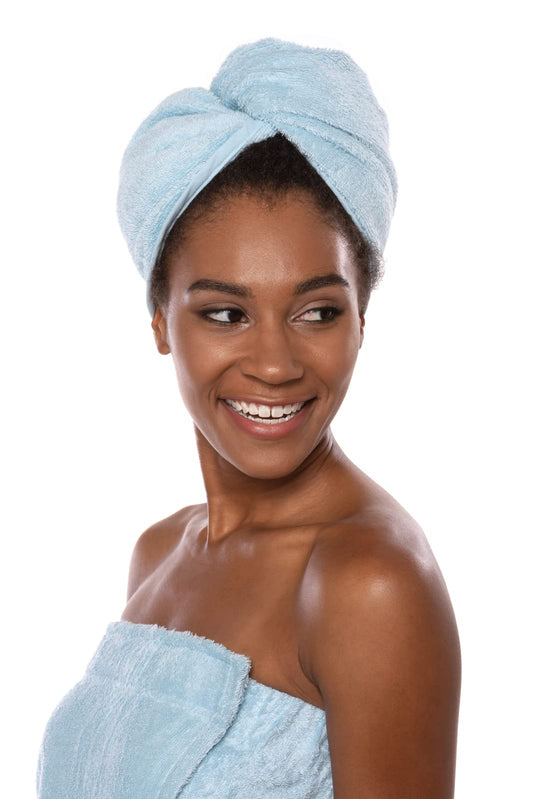 Texere Women's Rayon and Cotton Terry Spa Hair Towel Wrap - Absorbent and Fast Drying for All Hair Types - Comfortable Hair Cap with Loop and Twist Closure (Tya, Robin's Egg, U)