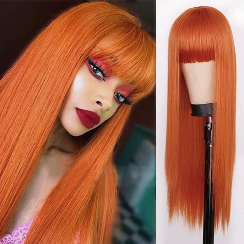 Kaneles Orange Long Straight Wigs for Women with Bangs Heat Resistant Synthetic Fiber Hair Cosplay Party Wigs