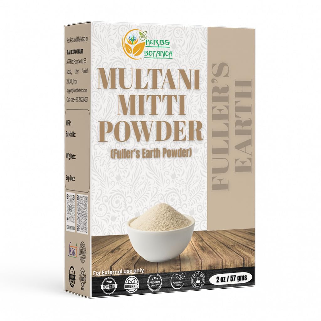 Herbs Botanica Multani Mitti Powder Earth Clay Mask 100% Pure Bentonite and Kaolin Clay for Skin Care, Indian Healing and Deep Cleansing – 2 oz Kaolin Clay Indian Deep Pure Grade Cleansing