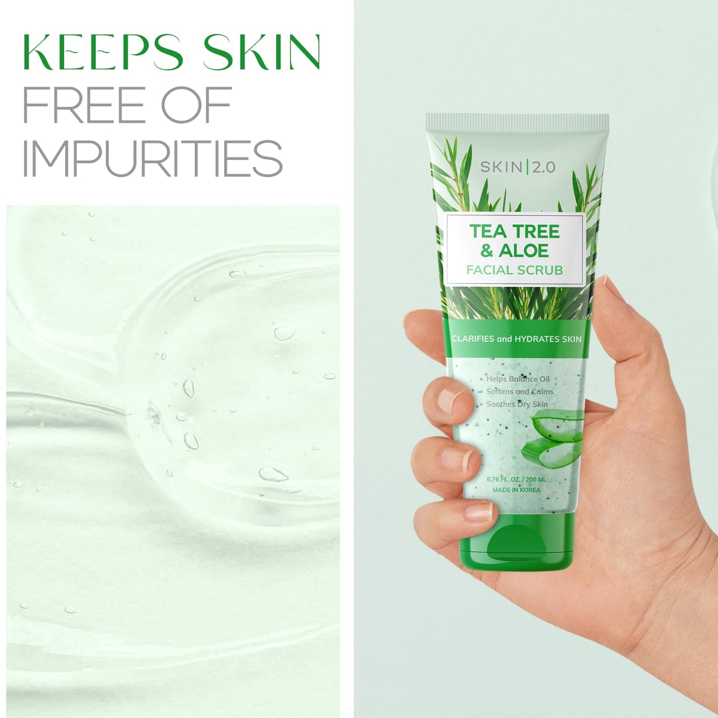 Skin 2.0 Tea Tree & Aloe Gentle Exfoliating Scrub - Dermatologist Tested, Multi-Tasking Cleanser, Clears Skin - Anti-Aging, Clean Beauty, Cruelty-Free Korean Skincare for All Skin Types - 6.76 Fl Oz