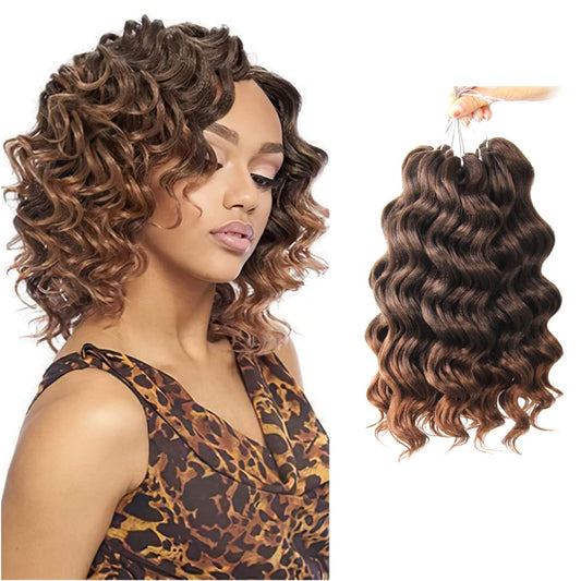 Niseyo NU Short Ocean Wave Crochet Hair 9 Inch 8 Packs Deep Wave Crochet Hair Synthetic Wavy Crochet Braids (T30 Ombre Light Brown)