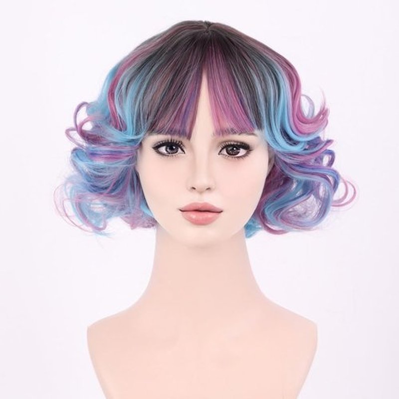 MAGQOO Rainbow Wig with Bangs Women Girls Short Curly Wavy Fluffy Wig Multicolor Blue Pink Hair Wigs Halloween Cosplay Costume Party Wig