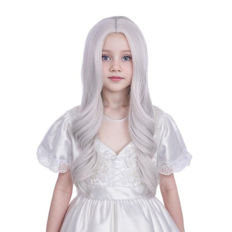 Ufindcos Silver Gray Wig for Kids Long Grey Wig Long Wavy Curly Child Wig Silver Wig for Girls Middle Part 22 inches Natural Synthetic Wig (Silver Gray)
