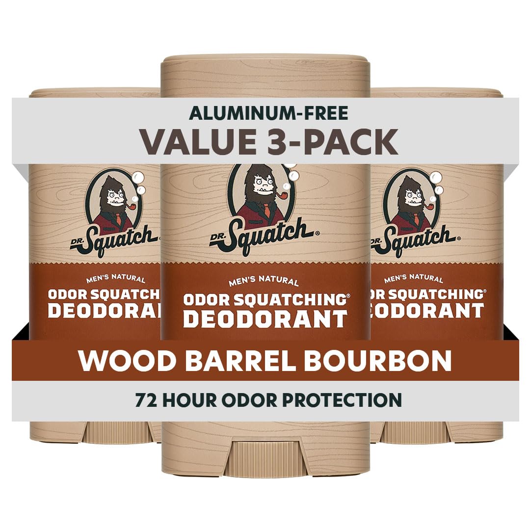 Dr. Squatch Natural Men’s Deodorant – Aluminum Free Natural Deodorant Men with Charcoal & Postbiotics for 72-Hour Odor Protection – Wood Barrel Bourbon, 2.65oz Stick (3-Pack)