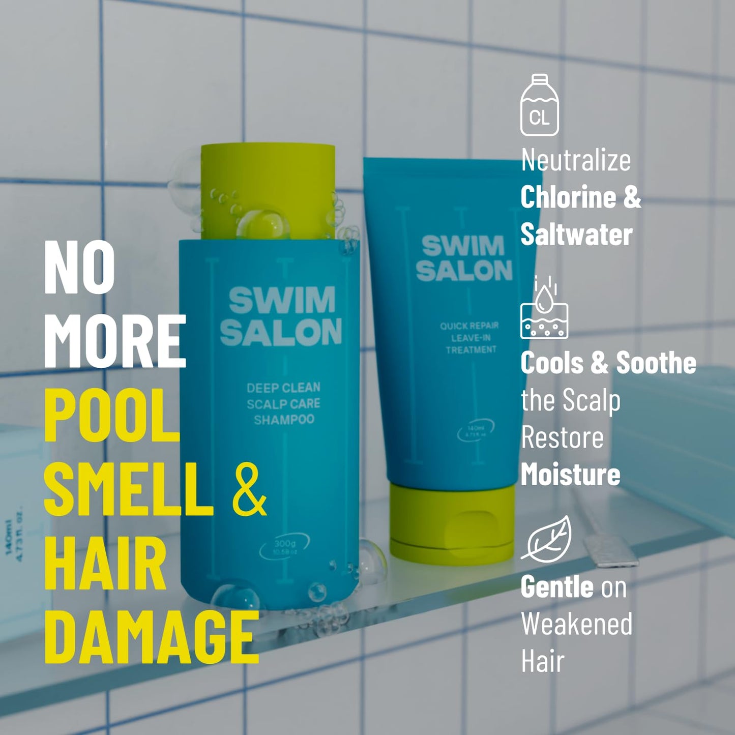 SWIM SALON Swimmer Chlorine Removal Hair Care Set | Chlorine Removing Shampoo + Leave-In Treatment | Vitamin C Neutralizing, Repair & Hydration | 2-Step Swim Hair System (10.58 oz + 4.73 oz)