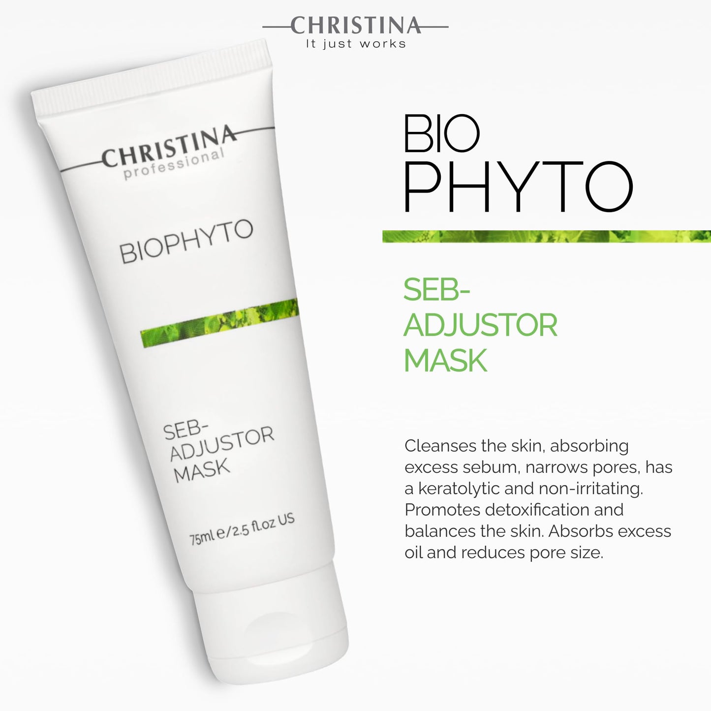 CHRISTINA Bio Phyto Seb-Adjustor Facial Mask with Moisture Complex | Face Masks Skincare Targets Acne, Blackheads, and Oiliness | Clears and Balances Skin | Suitable for All Skin Types 75ml