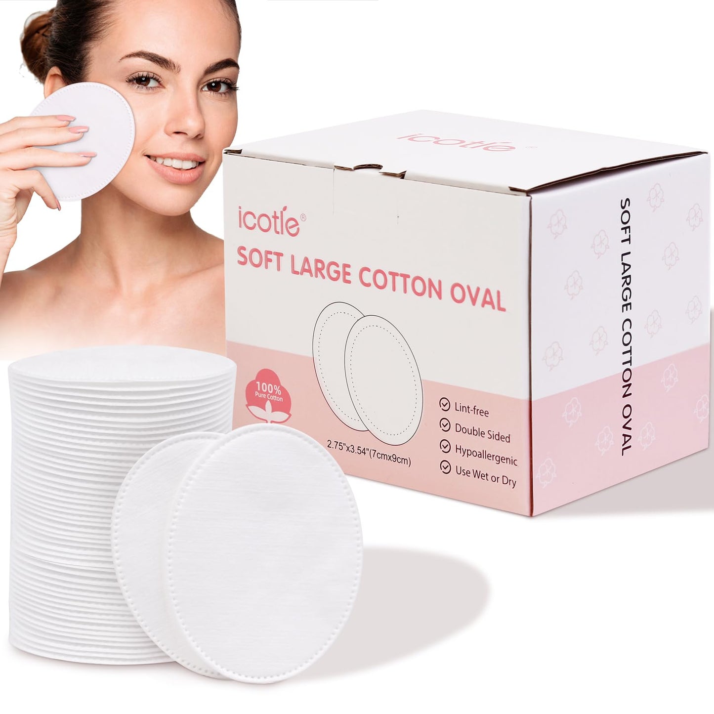 Oval Cotton Pads (100 Count) Ultra-Soft Cotton Ovals 100% Cotton Spunlace Purely Physical Technology, Large Makeup Remover Pads Facial Cotton Pads for Makeup Removal, Cleansing, Toner Application