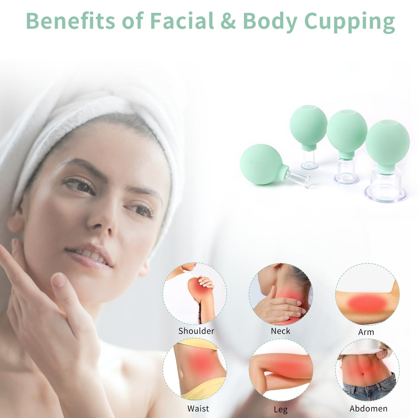 Meifuly Facial Cupping Set, 4 PCS Silicone Vacuum Suction Face Massage Cups, Skin Tightening Kit for Eyes, Face and Body (Green)