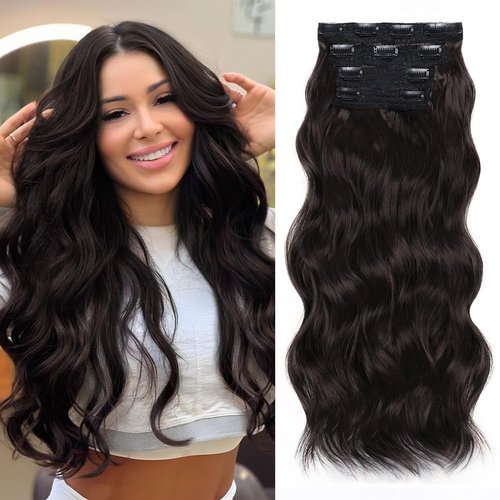 ALXNAN Hair Extensions, 4PCS Clip in Hair Extensions,20 Inches Dark Brown Long Wavy Natural Soft Synthetic Hairpieces for Women