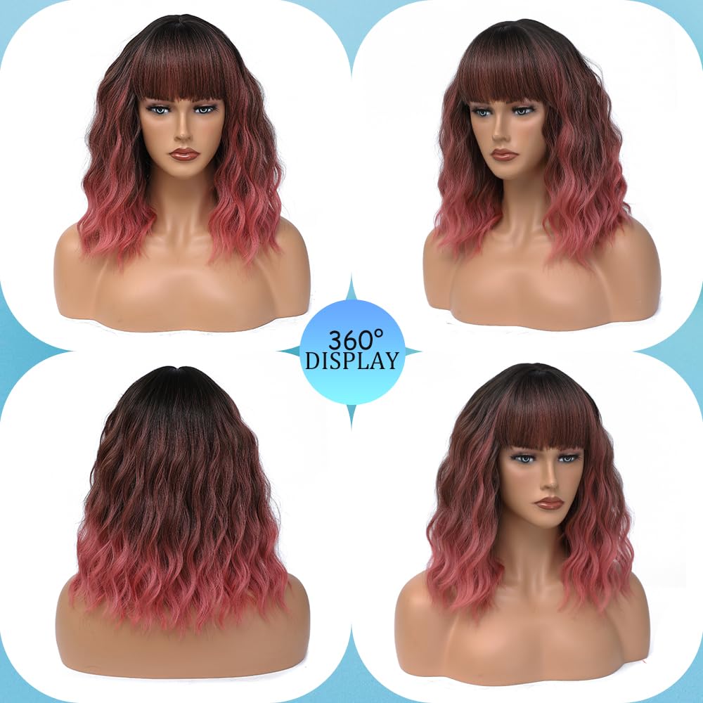 Short Pink Wigs with Bangs 14Inch Wavy Curly Bob Pastel Wig for Women Ombre Pink Shoulder Length Natural Looking Hair Replacement Wig for Daily Party Use Cosplay Costume Halloween Wig