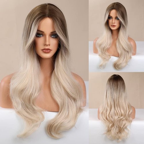 BERON Blonde Ombre Wigs Long Wavy Wig for Women Middle Part Ombre Color Curly Heat Resistant Synthetic Hair Wigs for Daily Used with Wig Cap