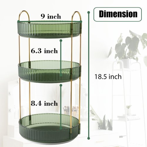 Zufudo Rotating Makeup Organizer 3 Tier Lazy Susan Trays Skincare Perfume Organizer for Bathroom Counter Vanity, Green Gold