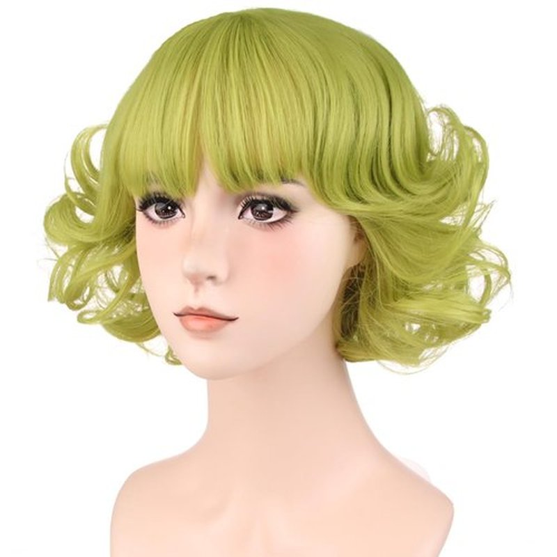 MAGQOO Green Wig with Bangs Women Girls Short Curly Wavy Fluffy Matcha Green Wig Halloween Cosplay Costume Party Wig