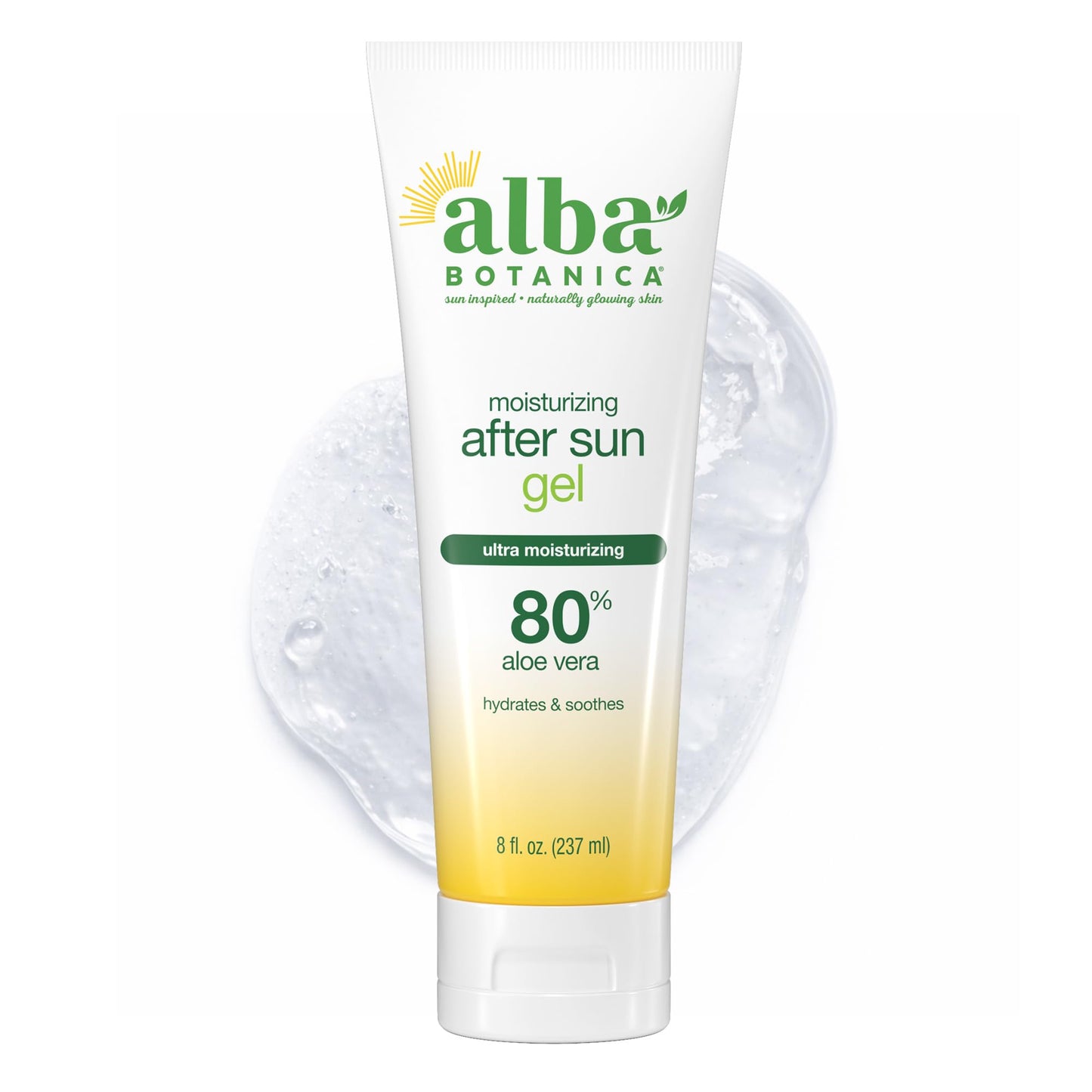 Alba Botanica Aloe Vera Gel for Skin, Cooling After Sun Treatment for Face and Body, Made with Purity Certified 80% Aloe Vera Gel Formula, 8 fl. oz. Tube (Packaging May Vary)