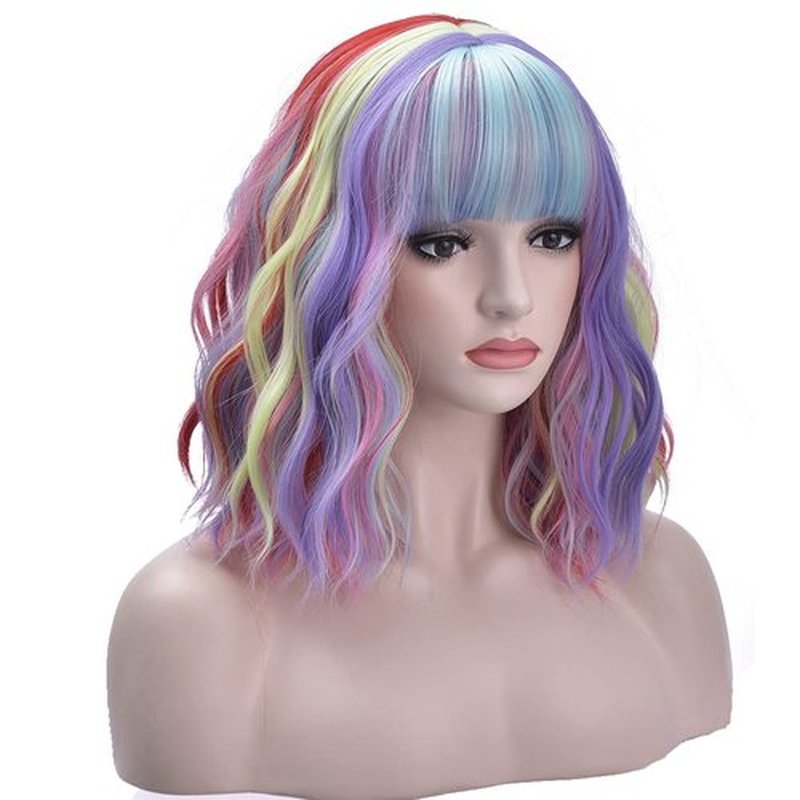 BERON 14 Inches Rainbow Wig Short Curly Wig with Bangs Synthetic Wigs Women Girls Colorful Wigs with Wig Cap