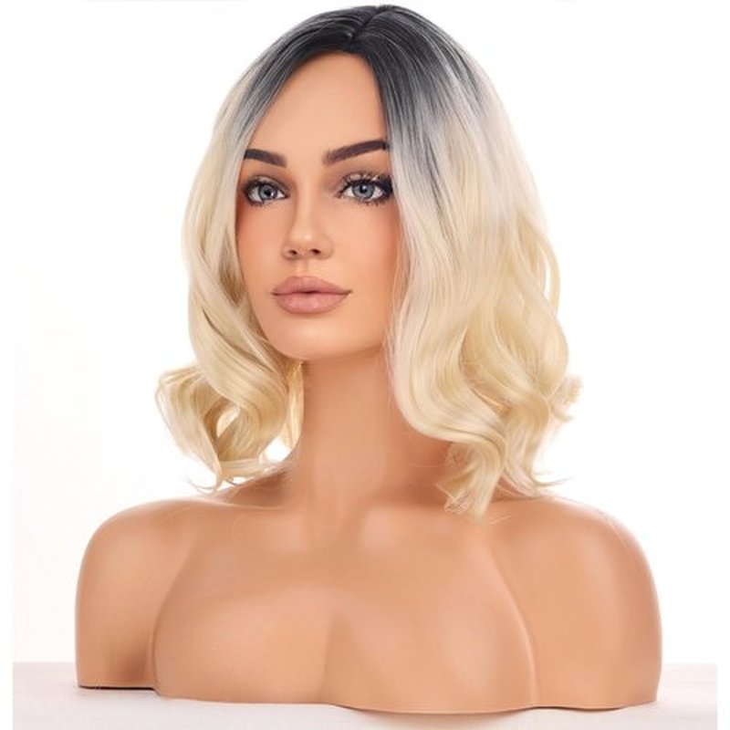 BERON Blonde Ombre Women Wig Girls Short Curly Wavy Hair Wigs Dark Roots Shoulder Length Synthetic Wigs for Daily or Cosplay Used