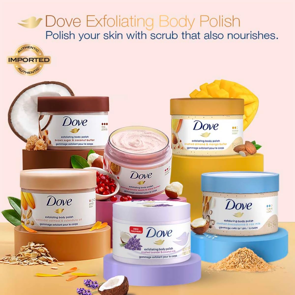 Dove Exfoliating Body Polish Scrub with Almond & Mango Butter - 10.5 oz (4 Count) for Dry Skin