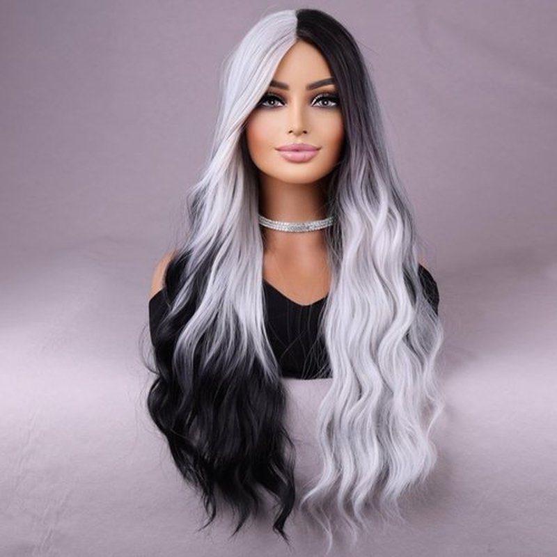 BERON Black White Wig Long Wavy Wigs Black White Wigs for Women Long Curly Black White Wig for Party Halloween