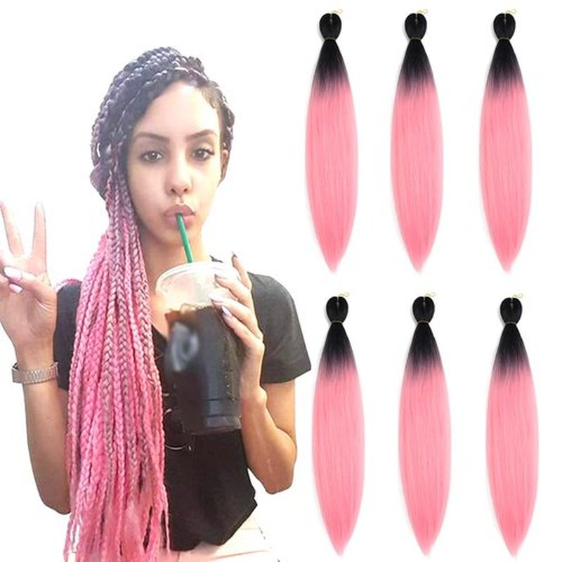 BALINGHAIR Pre-Stretched Braiding Hair Extensions High Temperature Braids Hair 28 Inch Ombre Black to Light Pink(B4-6Packs)