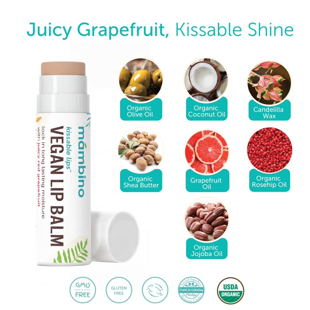 Mambino Organics Kissable Lips Vegan Lip Balm, Glossy Pink Grapefruit Lip Moisturizer, Hydrating Plant-Based Lip Care with Olive & Jojoba Oils, Clean Beauty Lip Product, 7 g