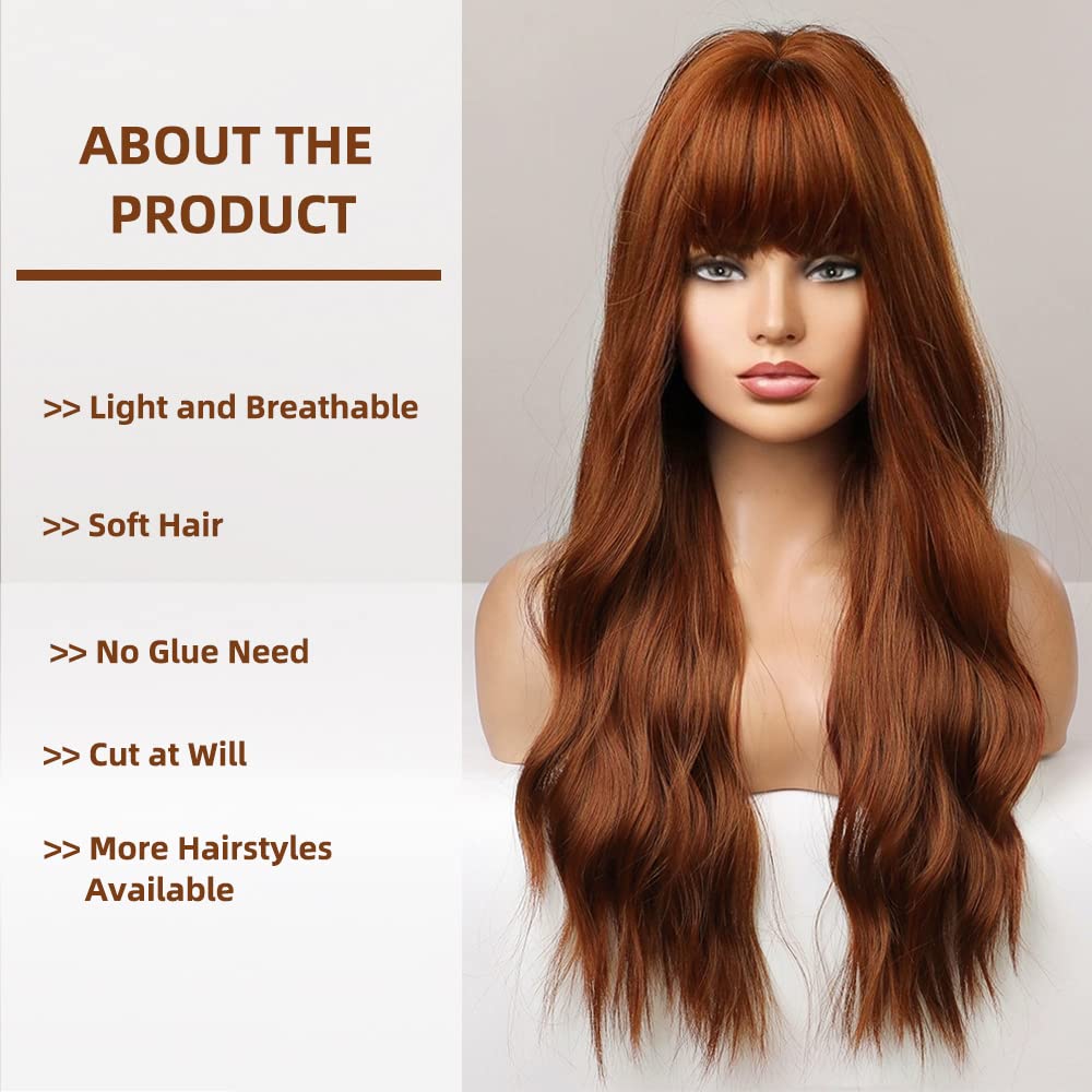 FORCUTEU Auburn Wig with Bangs Long Auburn Wigs for Women Auburn Wavy Wig Heat Resistant Wigs for Daily Party Halloween (Auburn 24inch)