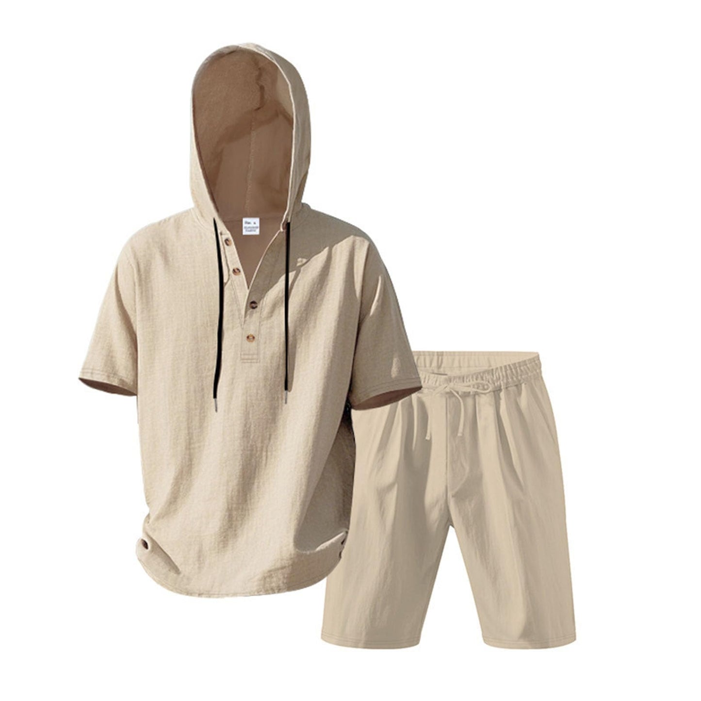 Costaric Men's 2 Piece Linen Outfits Short Sleeve Hooded Shirt and Shorts Set Casual Summer Matching Set Athletic Workout Beach Tracksuits Khaki 2XL