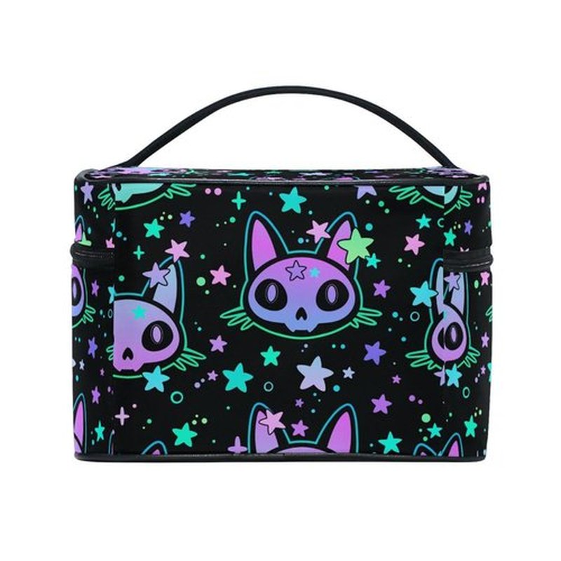 Cosmetic Bag Cat Skull with Stars Travel Makeup Organizer Bag Portable Train Case for Women Girls