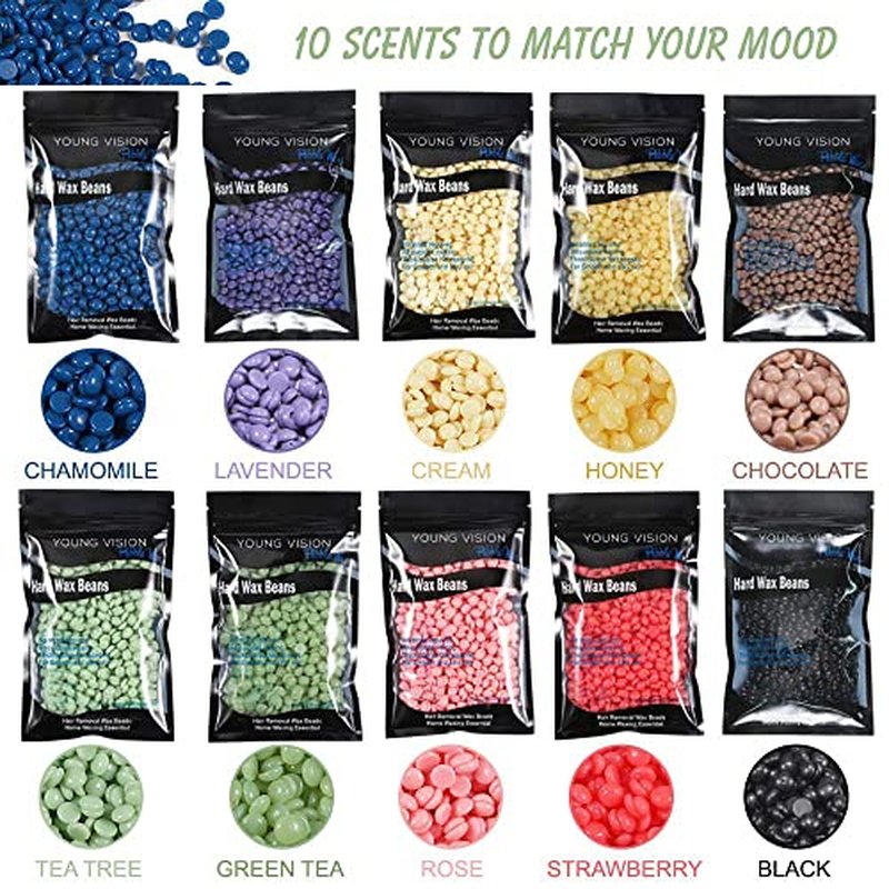 YOUNG VISION Rosin-Free Hard Wax Beads for Hair Removal - 1000g (2.2 lbs), 10 Colors Hard Wax Beans Pack, Bulk Wax Pearls for Home Brazilian, Bikini, Facial & Body Waxing