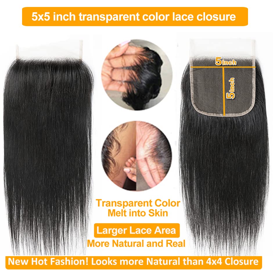 QTHAIR 14A Grade 5x5 Transparent Color Lace Closure 130%-150% Density (16", 5x5 Straight Closure)