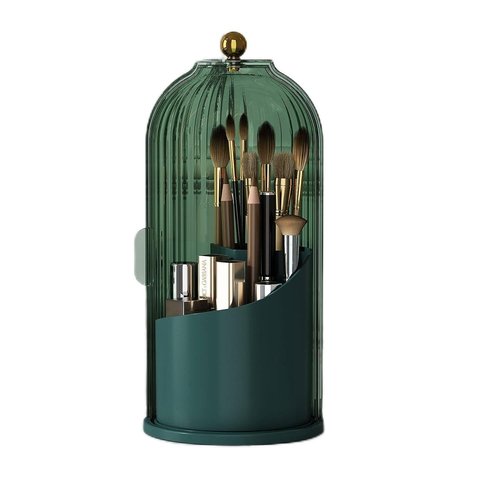 Zufudo Makeup Brush Holder Organizer with Lid 360° Rotating Makeup Organizer Countertop Dustproof Cosmetics Organizer for Vanity Bathroom, All Green