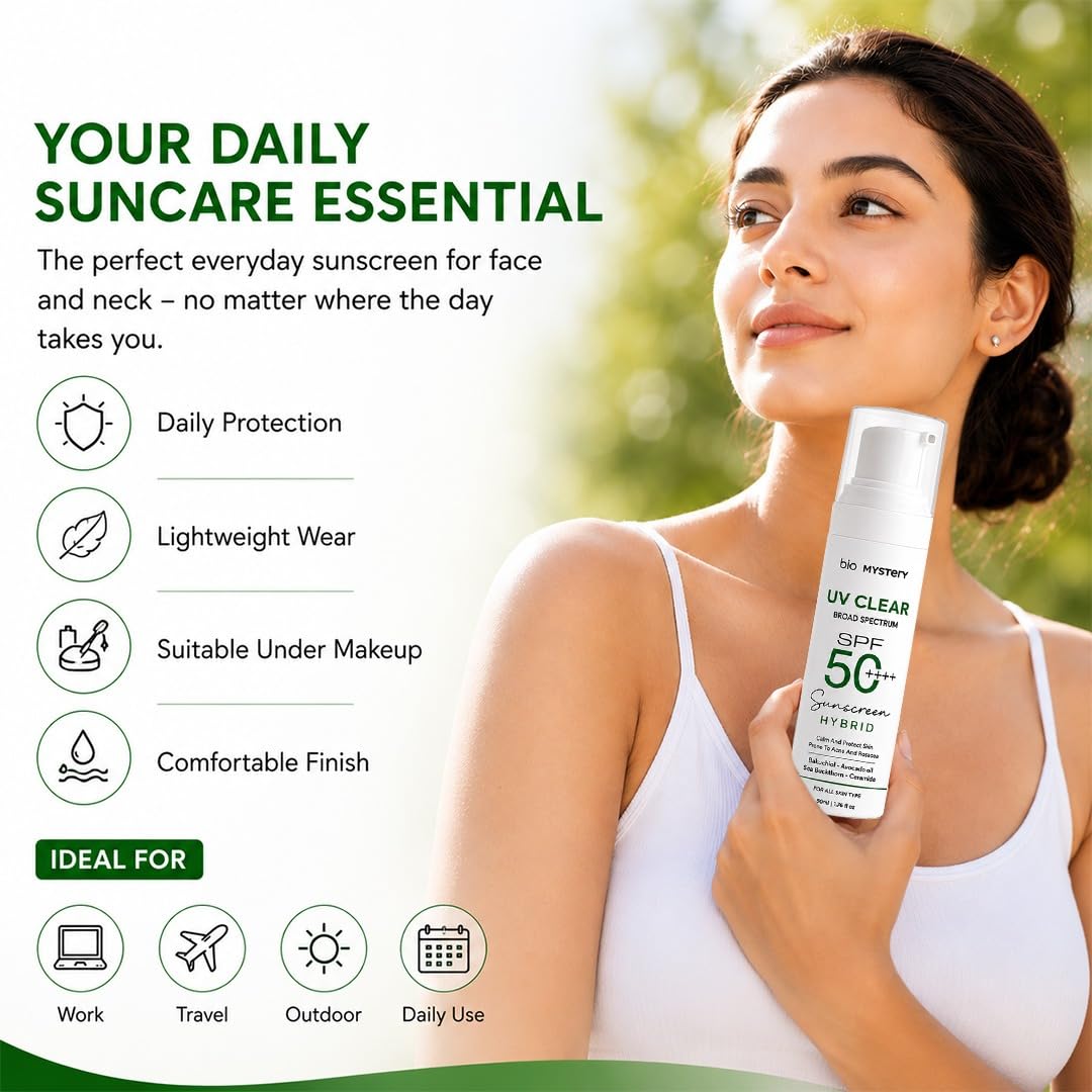Bio Mystery Clear Face Sunscreen Lotion for Acne-Prone Skin | Hybrid Broad Spectrum SPF 50+++ | Lightweight, Non-Greasy & Matte Finish | Daily Facial Sunscreen Oily & Sensitive Skin | 50ml / 1.76 floz