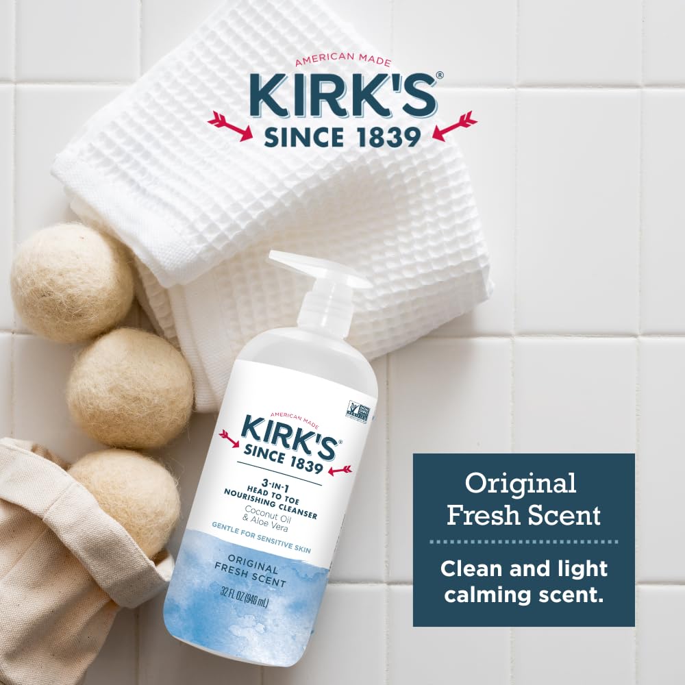 Kirk's Original Fresh 3-in-1 Nourishing Cleanser and Travel Bar Soap, Shampoo Body Wash Bubble Bath, Coconut Oil and Aloe Vera, Vegan Non-GMO, 32 Fl Oz