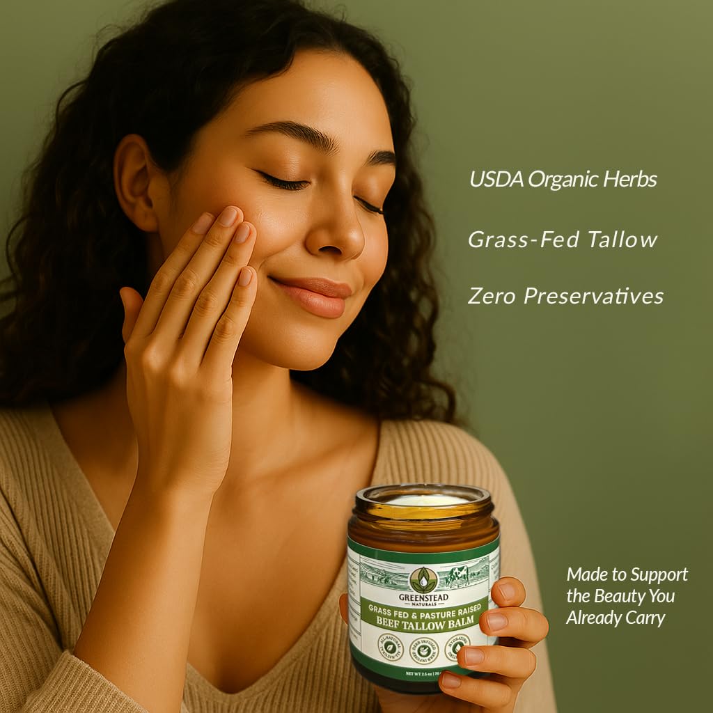 Greenstead Naturals Organic Beef Tallow for Skin – Whipped Tallow Balm for Skin Face and Body with Jojoba Oil and Cocoa Butter – No Added Fragrance, Herb-Infused – Large Size 2.5fl Oz Net Wt
