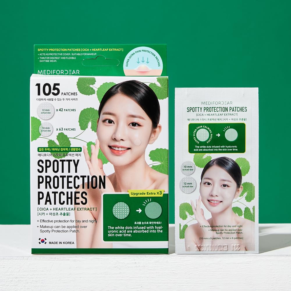 MEDIFORDEAR Spotty Protection Patches 105 Patches [Cica + Heartleaf], Ultra-Thin Hydrocolloid, 2 Sizes, Fast-Acting, Invisible Under Makeup