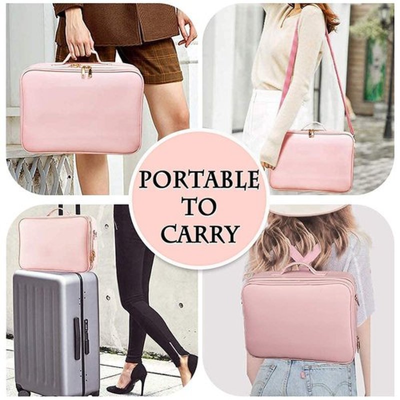 gzcz Travel Makeup Case Large Capacity Cosmetic Case Organizer 16 Inches Waterproof Portable Artist Makeup Storage Bag with Adjustable Dividers and Shoulder Strap for Makeup Brushes Jewelry, Pink