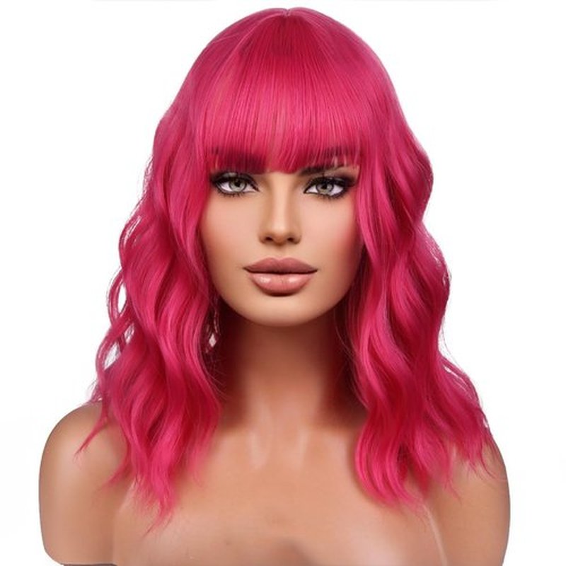 BERON 14 Inches Hot Pink Wig Short Curly Wig Women Girl's Synthetic Wig Rose Red Wig with Bangs Wig Cap Included