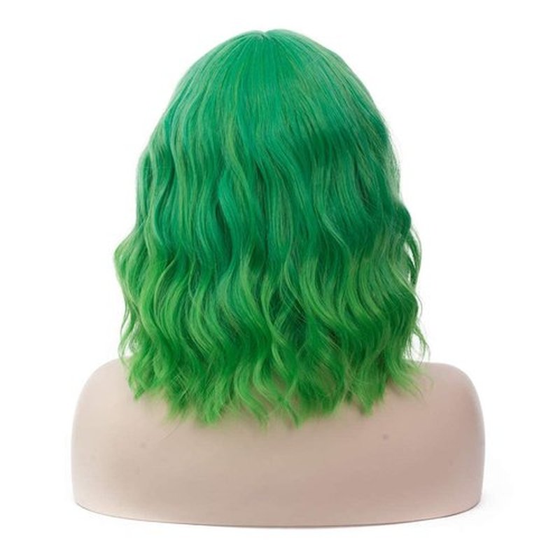 WGPFWIG Women's Bright Green Ombre Wig Short Curly Wavy Wig Shoulder Length Flat Bangs Wig For Women Girl Cosplay Party Halloween Wig Cap Included (Bright Green Ombre)