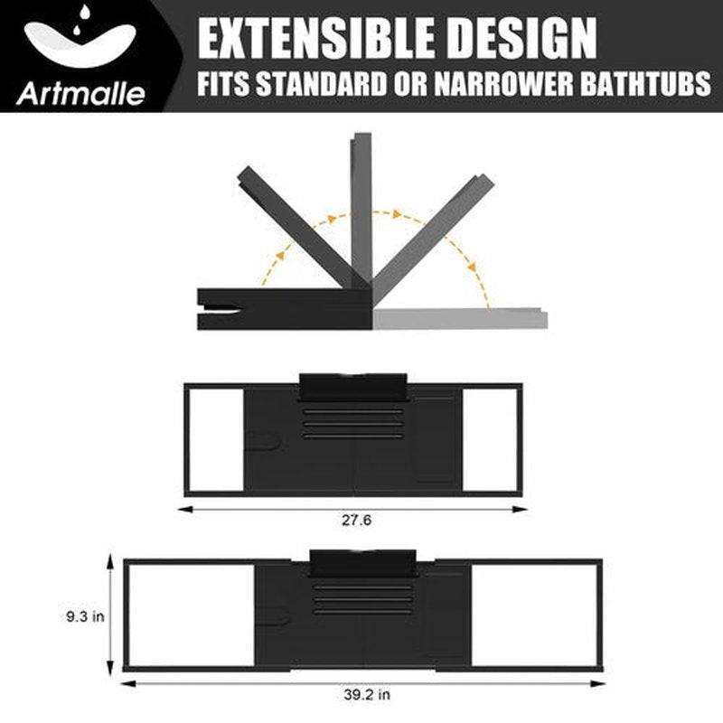 Artmalle Bathtub Tray for Tub, Expandable Bamboo Bath Caddy Tray with Book Stand for Home Spa Relaxing, Foldable Minimalist Bathroom Accessories for Women Men (Simple, Black)