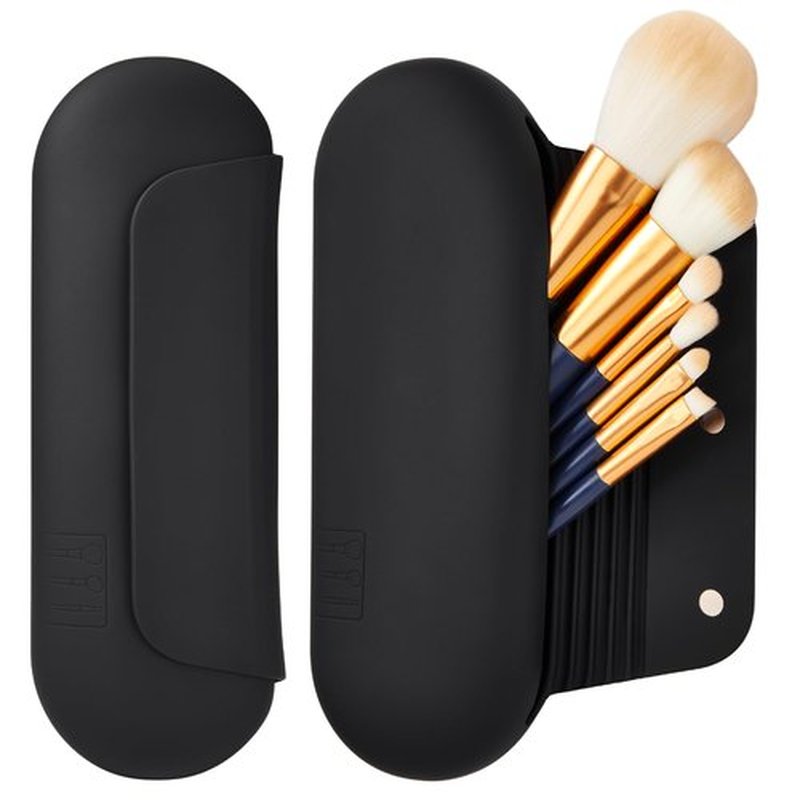 AGIKET Silicone Makeup Brush Holder Travel Cosmetic Bag：Soft Portable Cosmetic Face Brushes Holder with Upgrade Anti-Fall Out Magnetic Closure, Large Travel Makeup Brush Case - Black