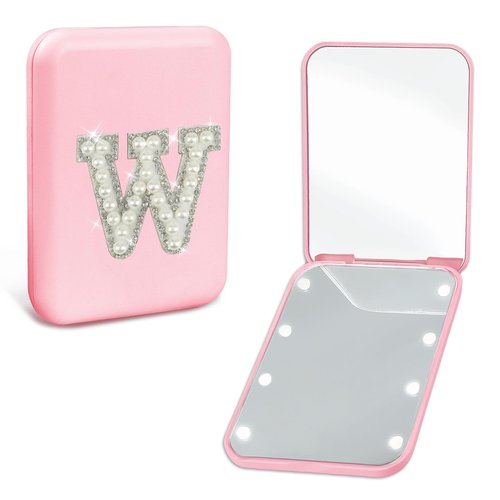 Aganmi Personalized LED Travel Compact Mirror for Purses, Pearl Initial Letter 1X/2X Magnification Small Makeup Mirror with Lights Pink Portable Pocket Mirror Mom Friends Bridesmaid Gifts (W)