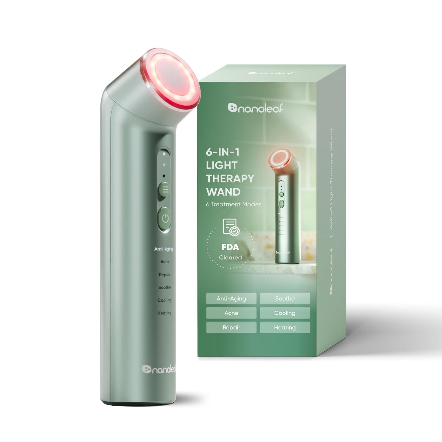 Nanoleaf FDA-Cleared 6-in-1 Light Therapy Wand for Face & Neck, Facial Massager with Red & Blue Light, Vibration, Heat & Cooling, Microcurrent Facial Device for Anti-Aging & Acne