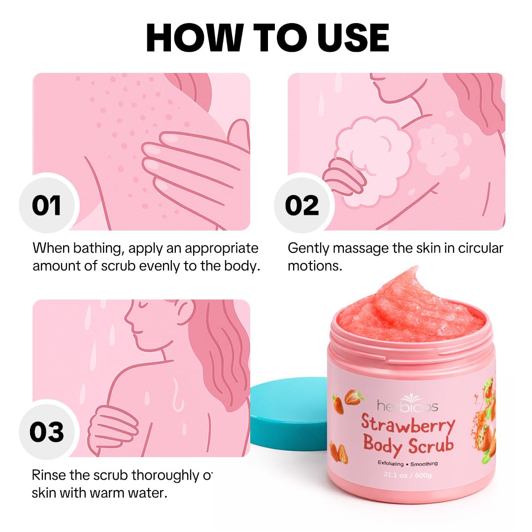 HERBICOS Strawberry Body Scrub - Exfoliating Sugar & Sea Salt Scrub with Retinol & Vitamin C for Smooth Glowing Skin - Moisturizing Body Exfoliator for Dry Skin - 21.1 oz